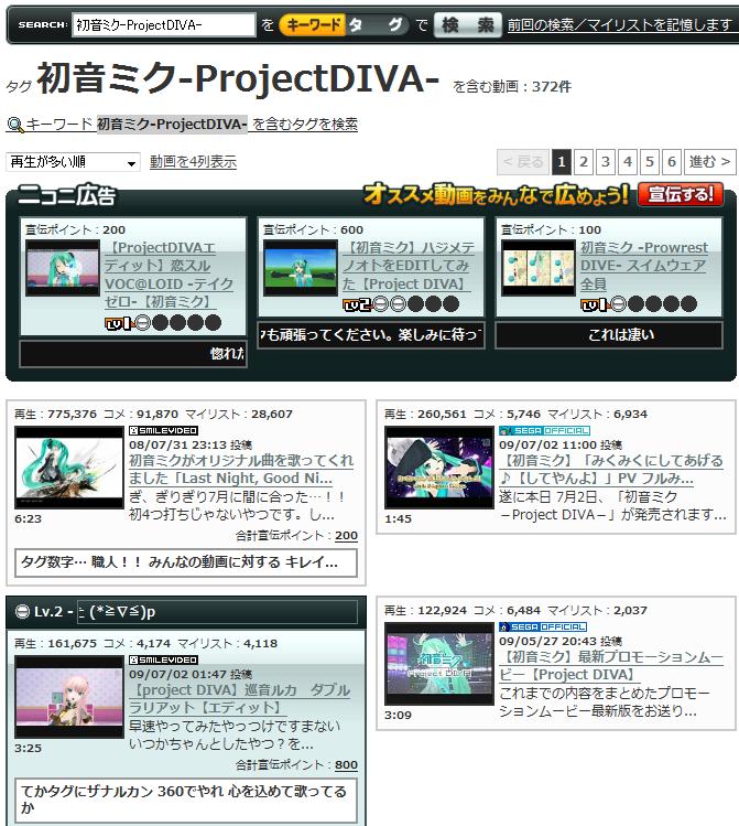 【スクリーンショット】広告やLvなどが並ぶタグ「初音ミク-ProjectDIVA-」検索結果画面