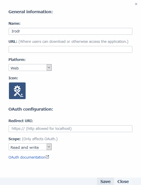 【スクリーンショット】OAuth Client Id/Client Secret取得のためのアプリ作成画面