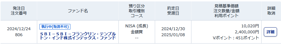 【スクリーンショット】SBI証券のNISA成長投資枠インド投信注文画面