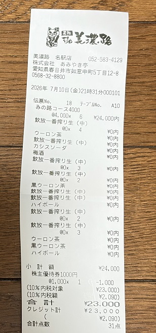 【写真】1人4,000円コースの領収書 【写真】1人4,000円コースの領収書